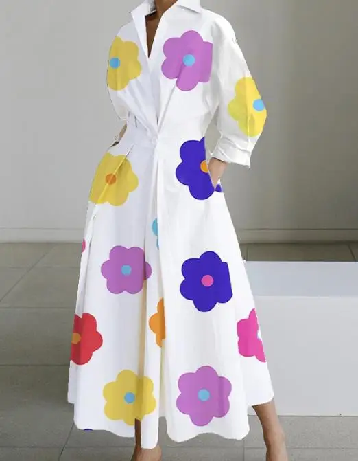 

2023 New Hot Autumn Long Sleeved V-Neck Lace Up Pocket Printed Dress for Women