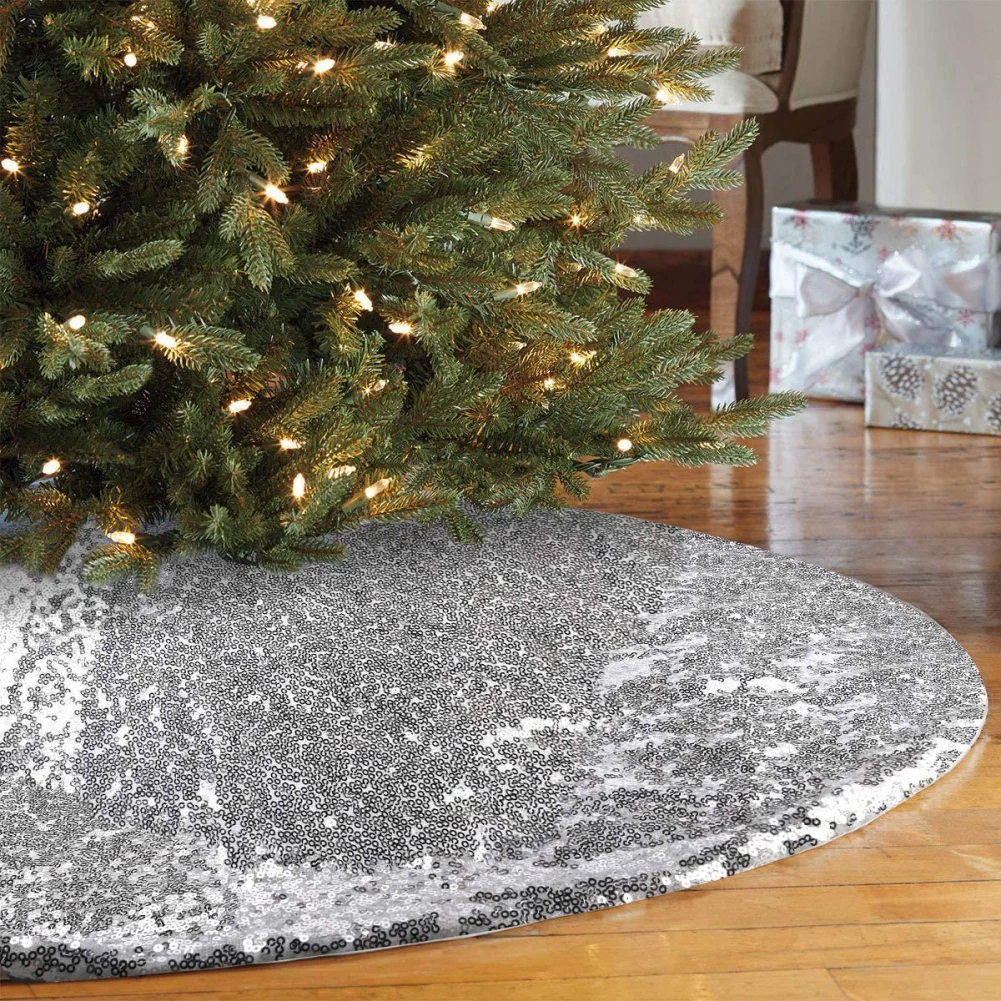 

Diameter 90cm Christmas Tree Skirt Sequin Decoration Festival Supplies Artificial Blanket Gold Silver Beads Tree Bottom Apron