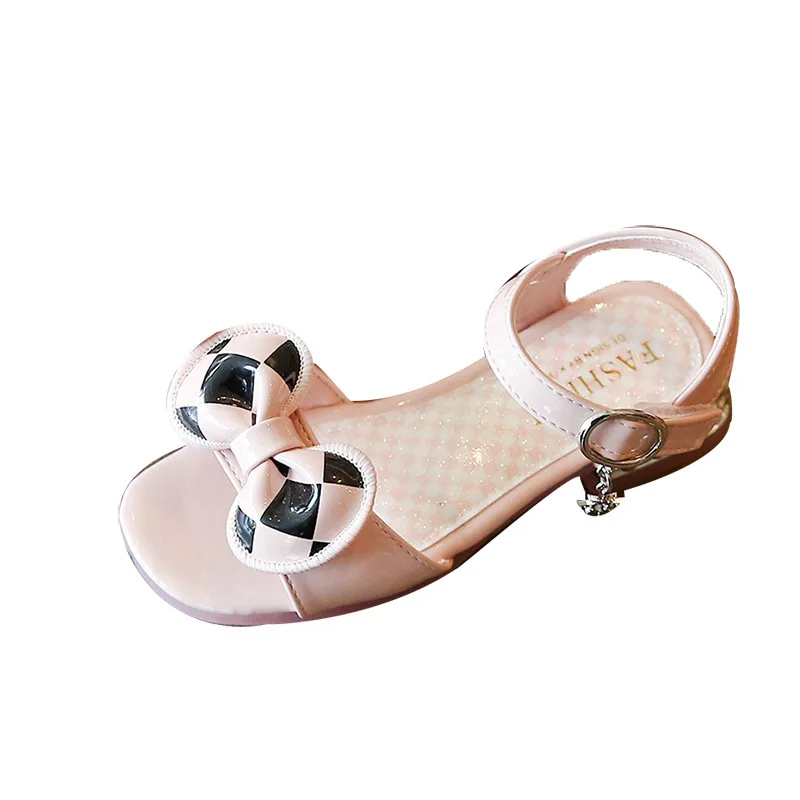 

Детские сандалии для девочек, модные летние детские пляжные туфли в клетку с открытым носком и бантом на плоской подошве, туфли на низком ка...