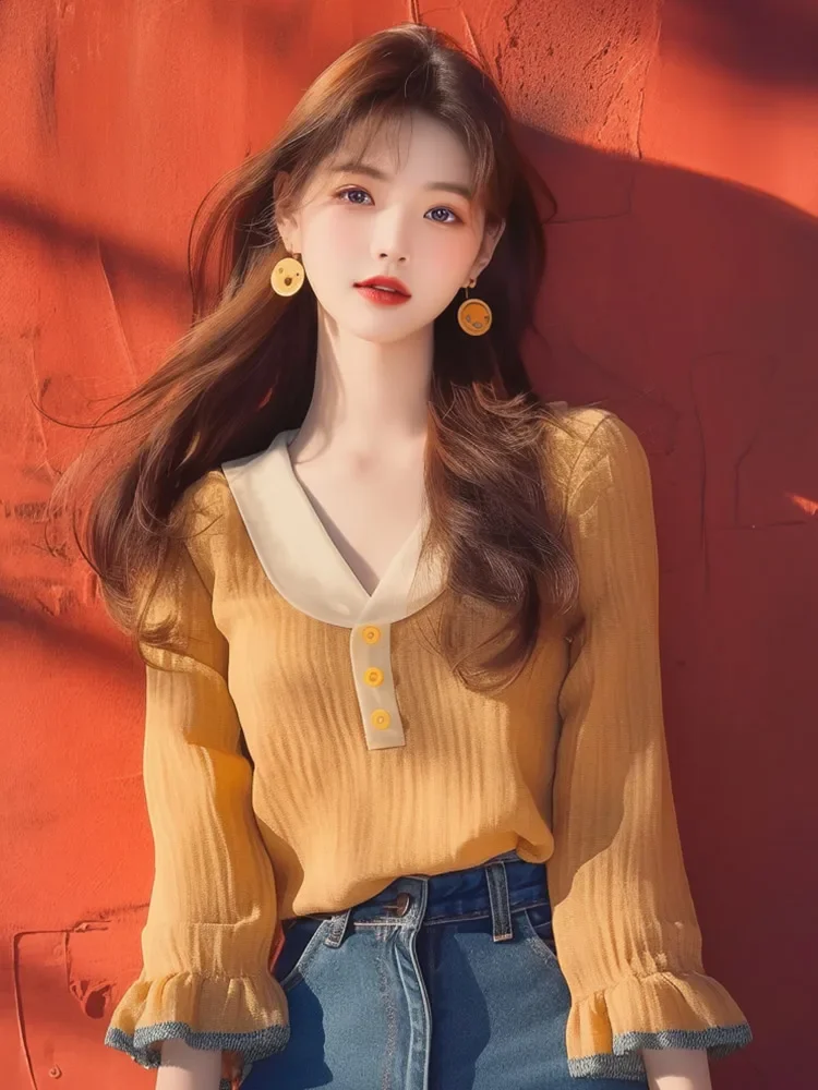Шифоновая винтажная женская рубашка Новинка лета 2024 полосатая Корейская одежда