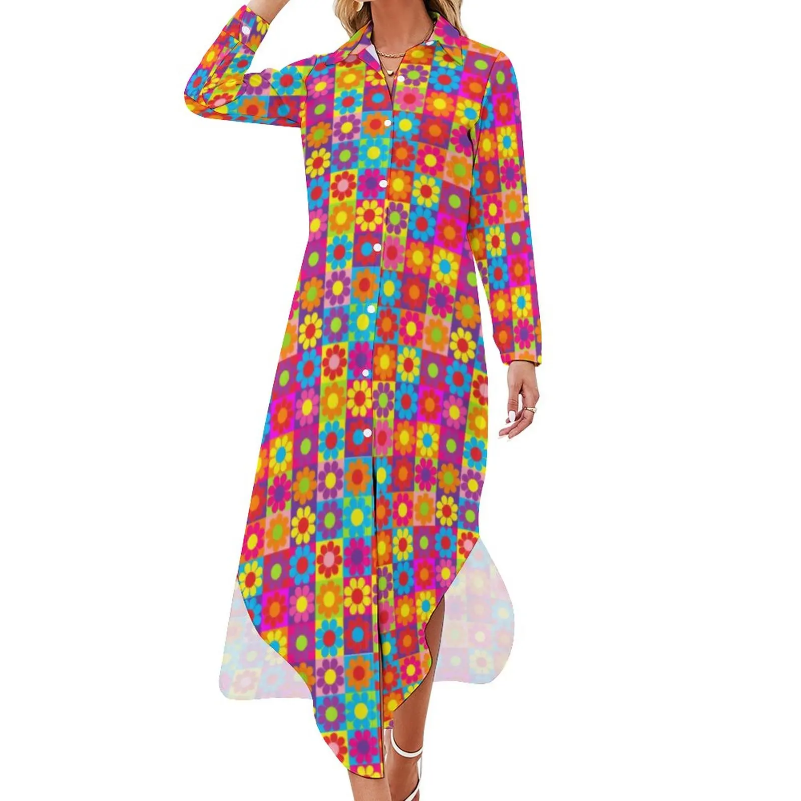 

Retro 60s Print Casual Dress Flower Power Squares Fashion Dresses Sexy V Neck Beach Chiffon Dress Long Sleeve Vestido 5XL 6XL