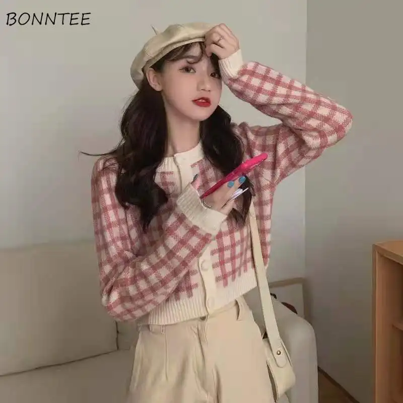 

Укороченный клетчатый кардиган, женский модный универсальный трикотажный кардиган в стиле преппи для девушек в стиле Харадзюку, в стиле ол...