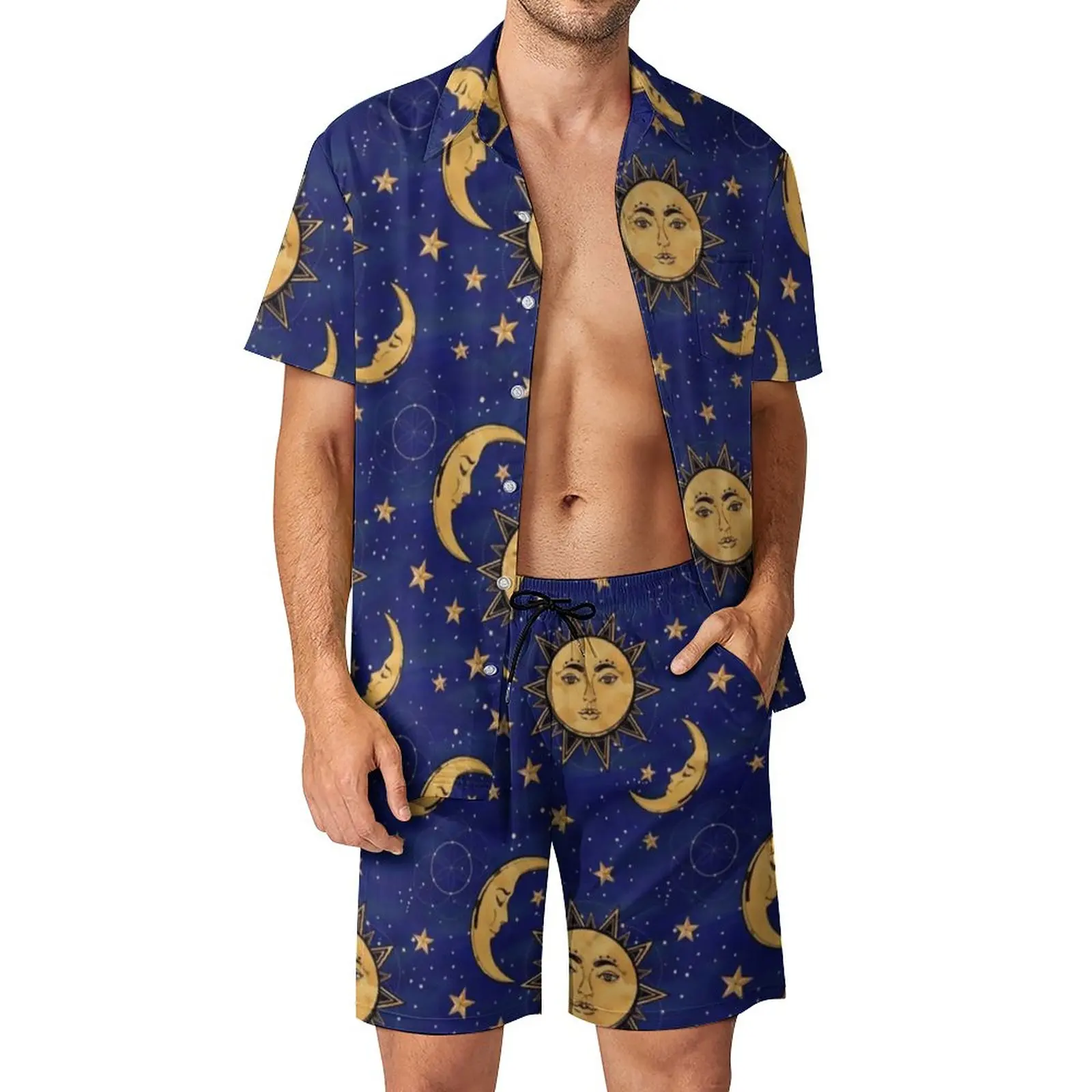 

Vintage Sun Men Sets Moon And Stars Celestial Streetwear Casual Shirt Set Short-Sleeved Design Shorts Summer Beach Suit Big Size