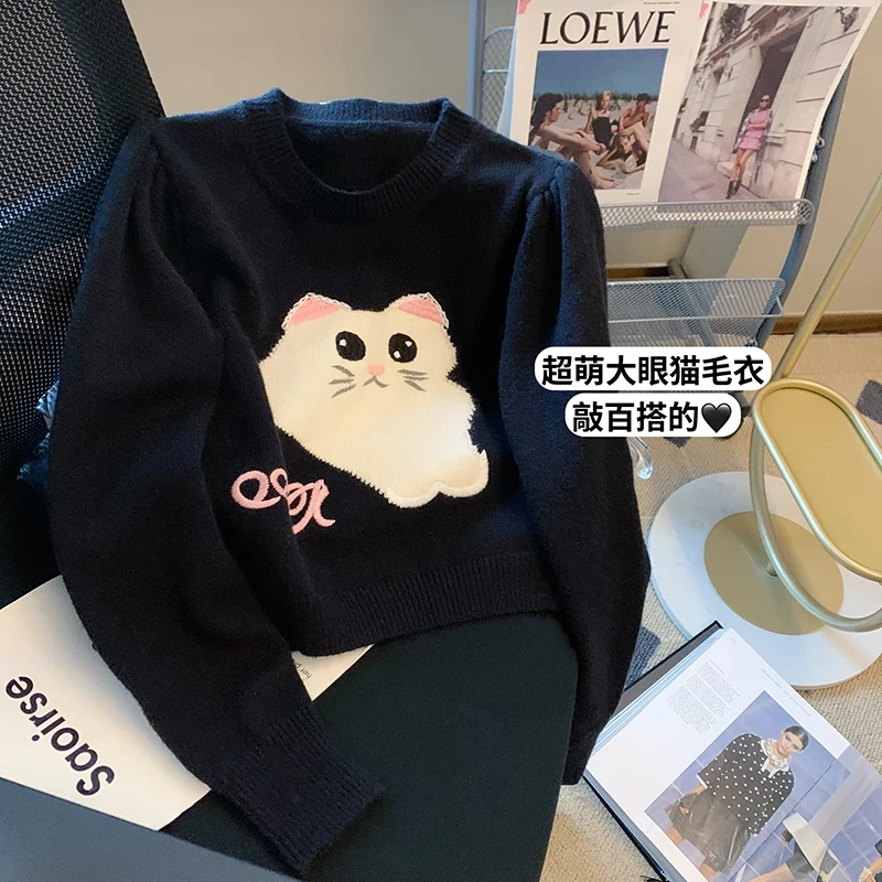 

Cartoon cat soft wool fashion thread sweater women's high quality o-neck long sleeve short sleeve super thin pullover women