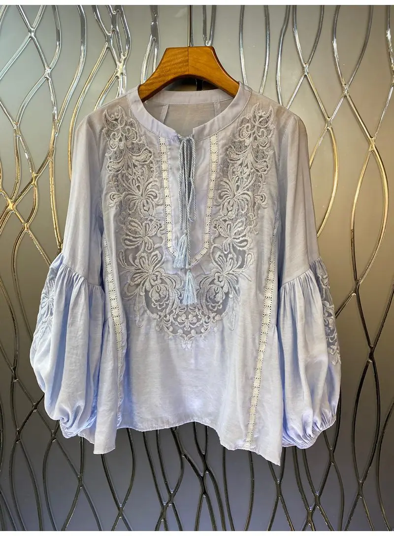 2022 Spring Fashion Cotton Blouses High Quality Women Luxurious Embroidery Lantern Sleeve Casual Loose Blue Tops Blouse Lady