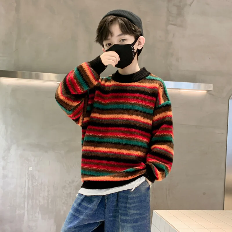 

Autumn Winter Boys Sweater Long Sleeve Striped Casual Knitted Sweater for Children Fashion All-match School Kids Pullovers Tops