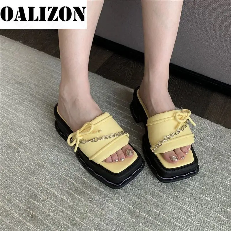 

Women Chunky Platform Slippers Square Toe Chain Mules Shoes 2022 Summer New Sandals Bow Slides Luxury Ladies Shoes Flip Flops