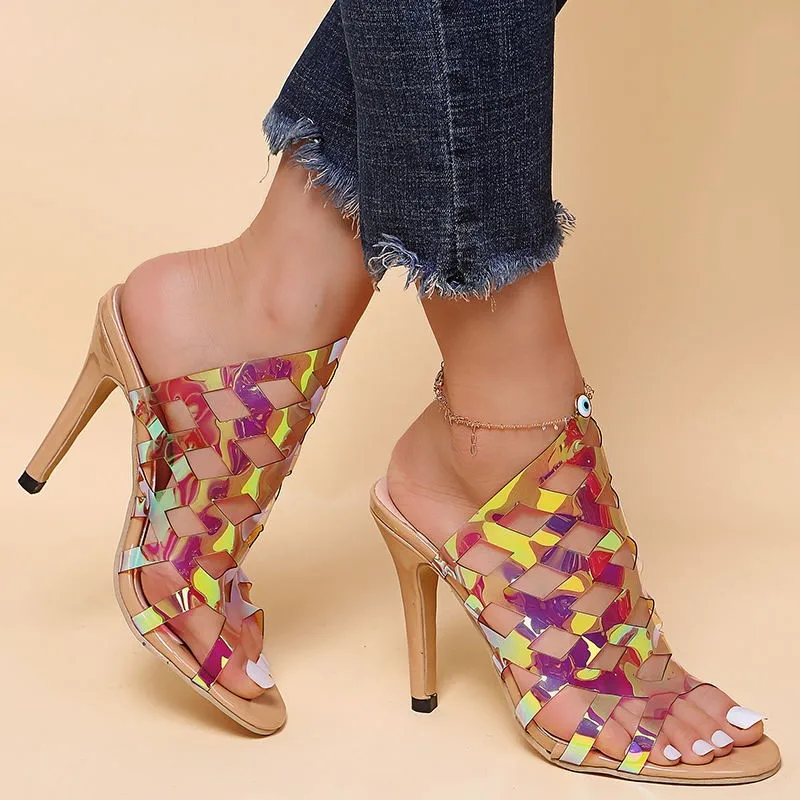 TGHDOF Women's Leather Slipper Fashion Casual Colorful High Heels Women's Slippers Hollow 2022 New Sandals NIUFUNI Ladies Shoes