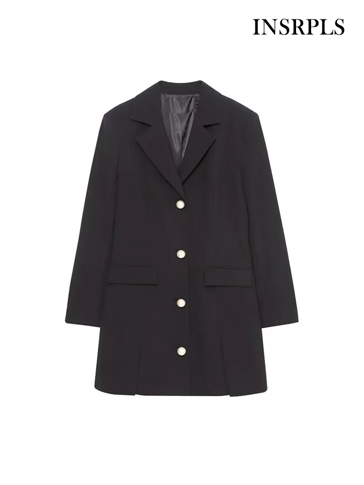 

INSRPLS женское модное мини-платье на пуговицах с жемчугом спереди винтажное платье с длинным рукавом и карманами с клапаном женские платья Vestidos Mujer