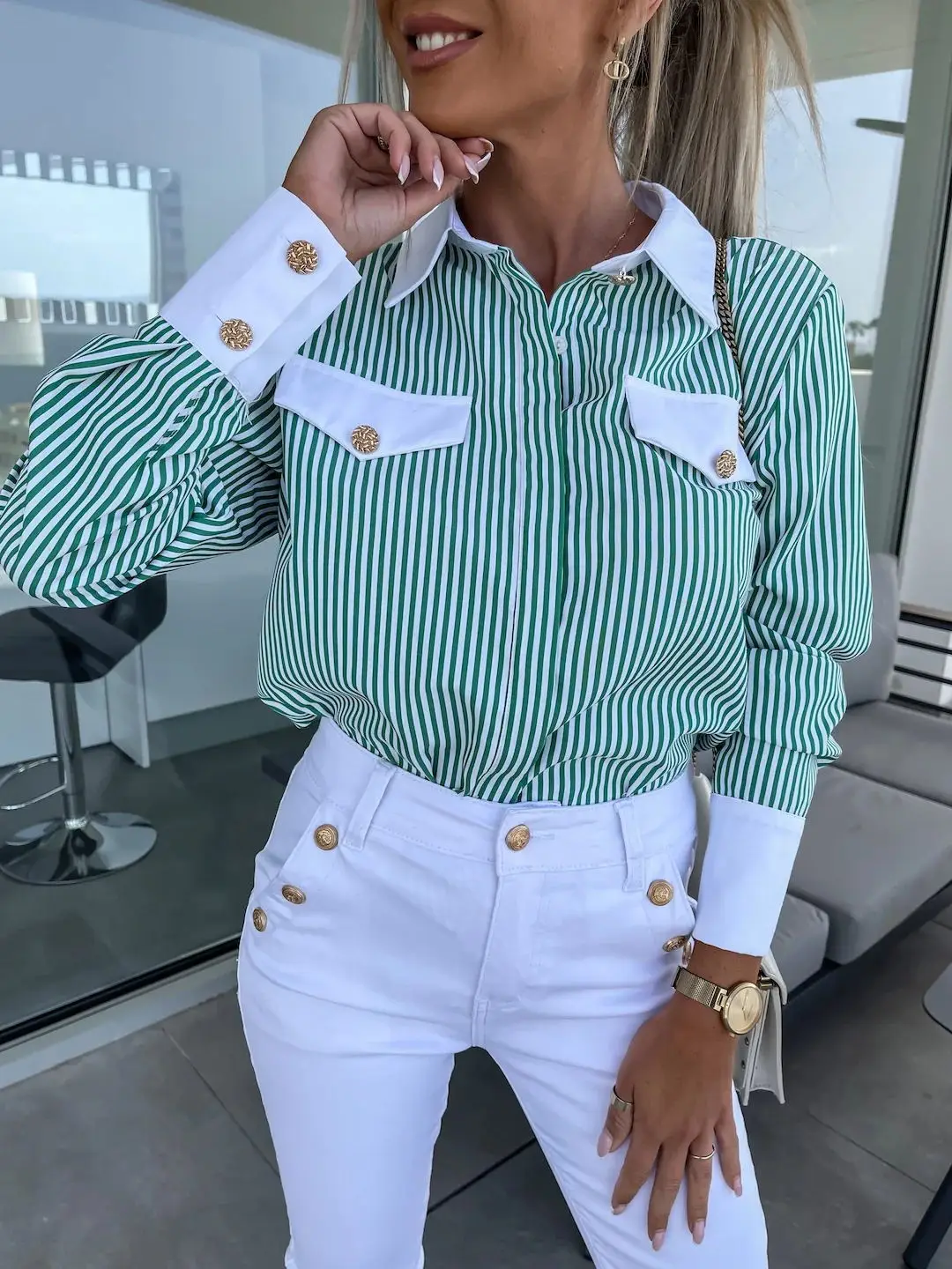 2023 Spring V-neck Decorative Bag Button Striped Blouse Shirt Women's Professional All-match Shirt Tops