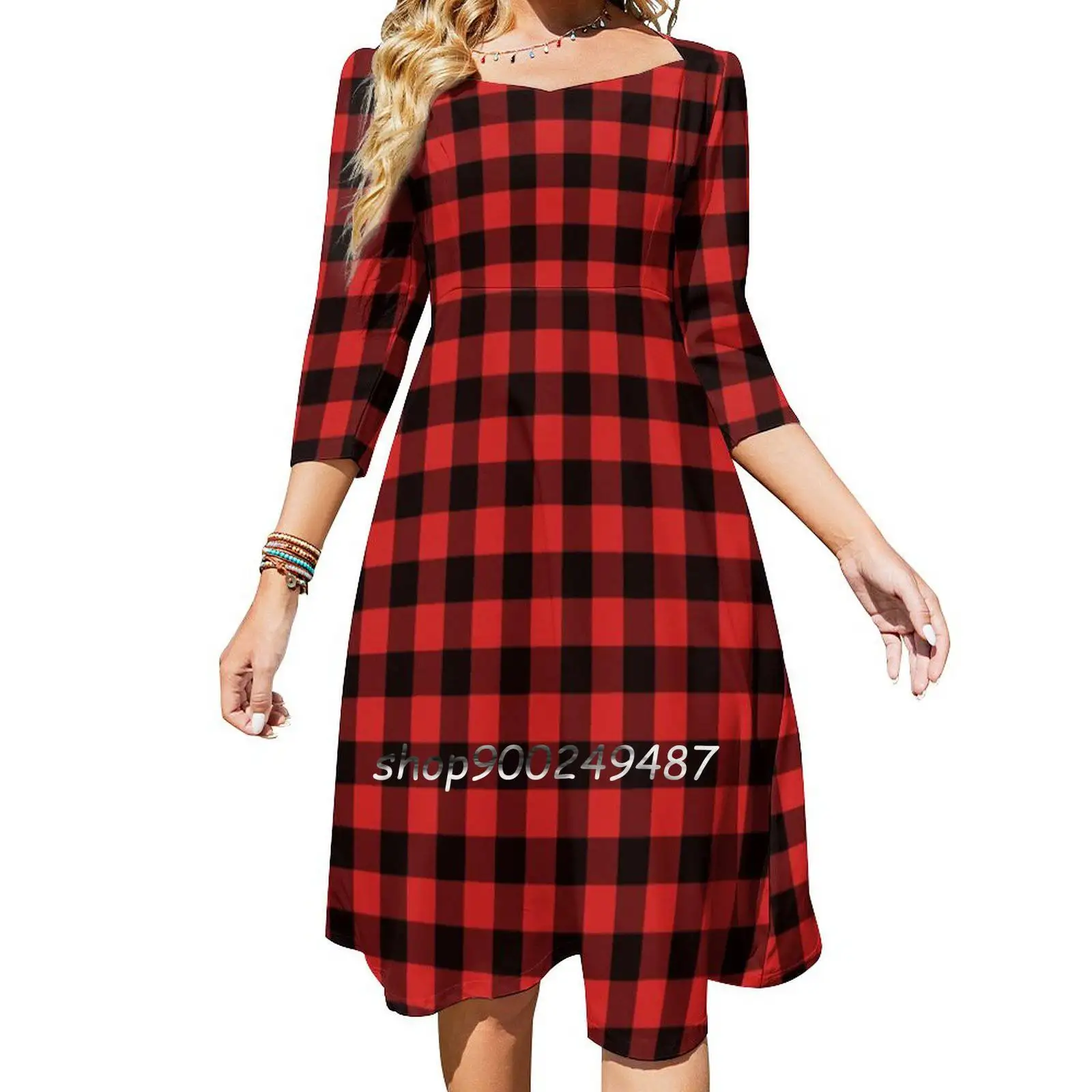 

Buffalo Check Red And Black Plaid Sweet Elegant Dress Women Korean Kawaii Square Collar Dress Checkered Buffalo Check Buffalo