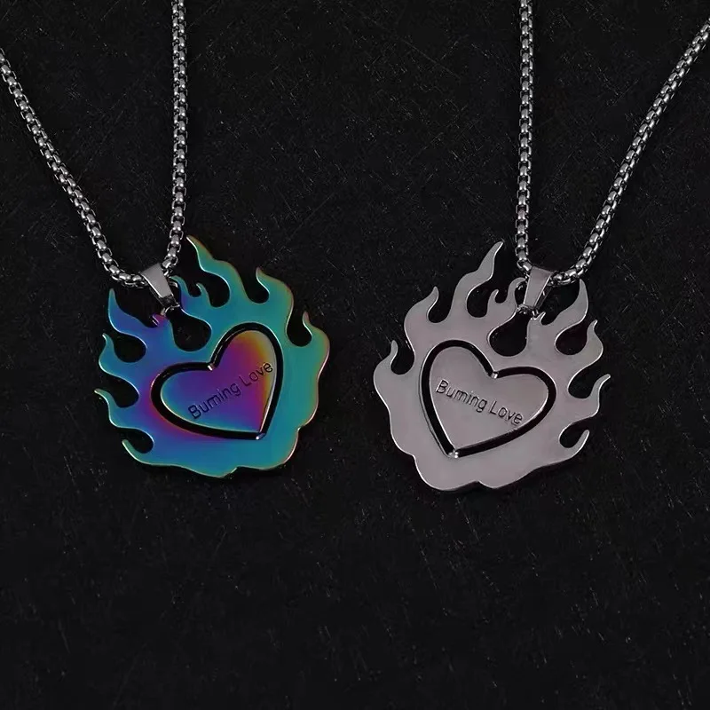 

2022 New Fashion Trendy Men Women Burning Flame Heart Personalized Charm Necklace Titanium Steel Long Sweater Chains Jewelry