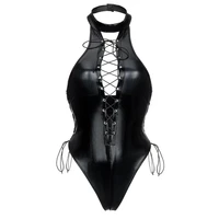 women artificial leather bodysuit leather lingerie elastic hollow out bandage party bodysuit nightclub sexy backless bodysuits