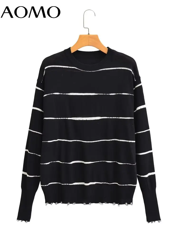 

Женский зимний элегантный полосатый вязаный свитер AOMO, джемпер с круглым вырезом, пуловеры оверсайз AI48A, 2022