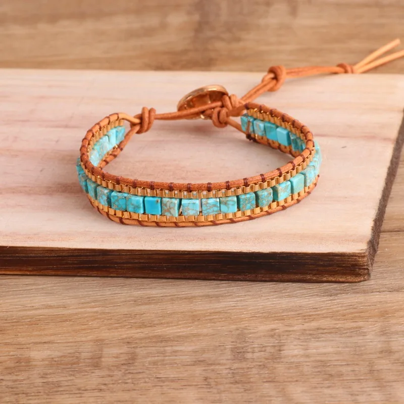 

2022 New 4mm Square Emperor Stone Beaded Bracelet Hand-woven Venetian Chain Leather Bracelet Women Jewelry Valentine's Day Gift