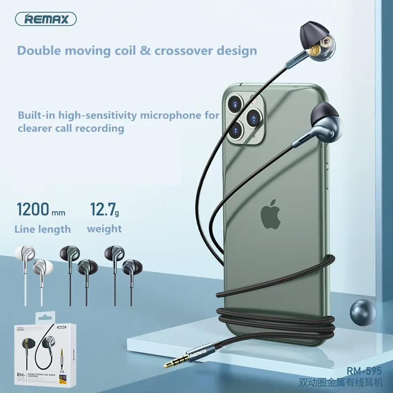 

2020 new Remax RM-595 double moving coil semi-in-ear wired headset with mic HiFi music noise reduction headset