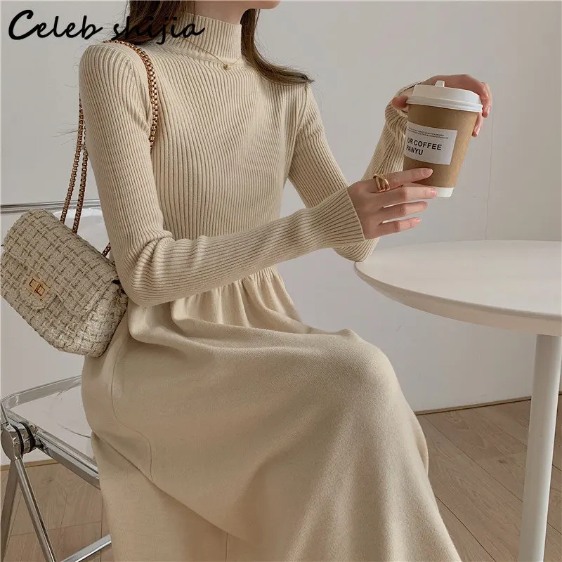 

Apricot Knitted Dress for Women Patchwork 2023 Autumn Sheath Wool Vestido Lady A-line Long-sleeve Knitwear Jumper Business