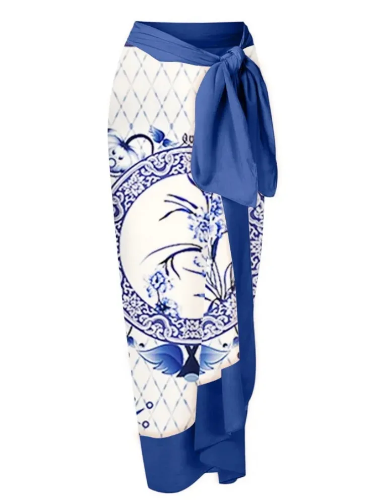 Vintage One Piece Swimsuit Women Summer Blue Floral Print Swimwear with Beach Skirt Cover Ups Mesh Swimming Bathing Suit Bowknot