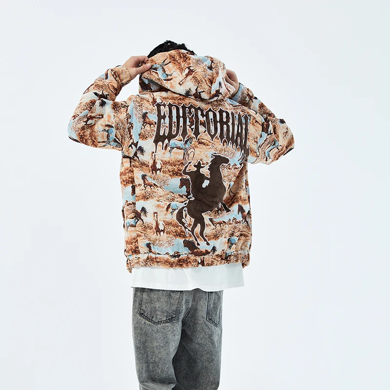 Mens Hooded Jackets Vibe Style Harajuku Oversize Loose Retro Autumn Coat Loose Hip Hop Tops Cartoon Letter Embroidery Streetwear