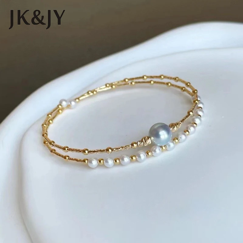 

JK&JY 18K Yellow Gold Natural Akoya Zhenduoma Pearl Elastic Bracelet Women's Wedding Fine Jewelry Valentine's Day Gift