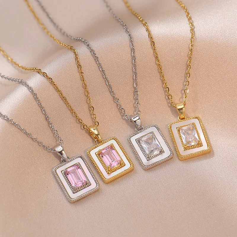 Square Stone Necklace Sugar Cube Girl Pink Crystal Square Zircon Necklace with Golden Pendant Luxury Stainless Steel Accessories