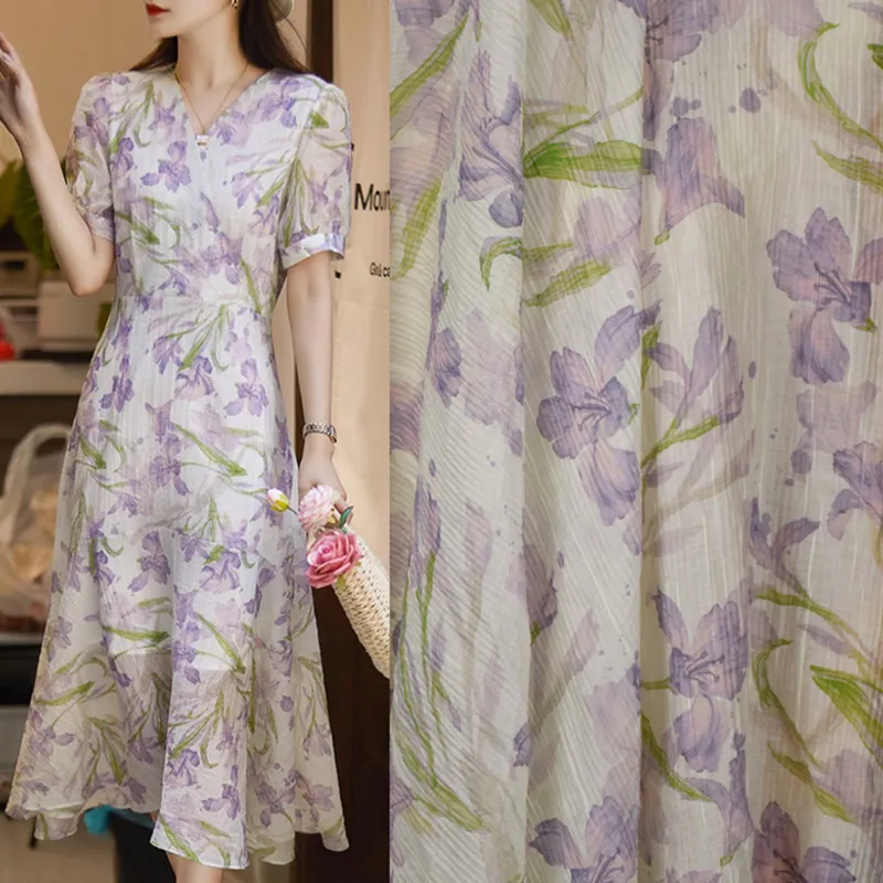 

Elegant Light Purple Flower Print Hight Grade Chiffon Fabric For Dress Cheongsam Telas Thin Soft Transparent T2053