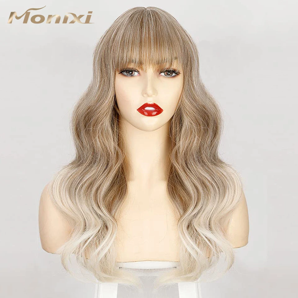 

MONIXI Синтетические длинные волнистые парик Омбре блонд парики с челкой для женщин ежедневно используется и косплей термостойкие волокна парик