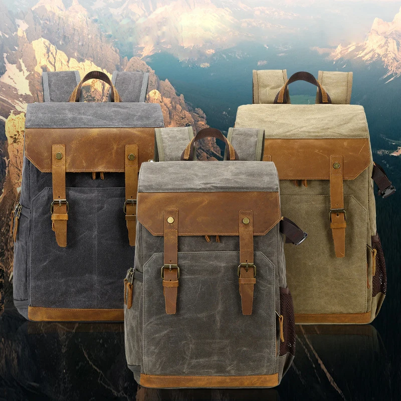 Vintage Waterproof Batik Canvas Genuine Leather Photography Backpack Multifunctional SLR Outdoor SLR Camera Bag