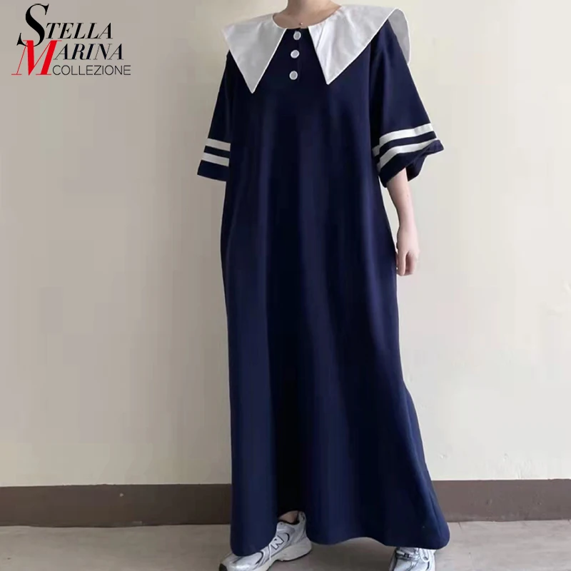 

New Solid Navy White Korean Style Woman Summer Long Casual Dress Striped Sleeve Cuff Loose Fit Girls Casual Large Dresses JA3013
