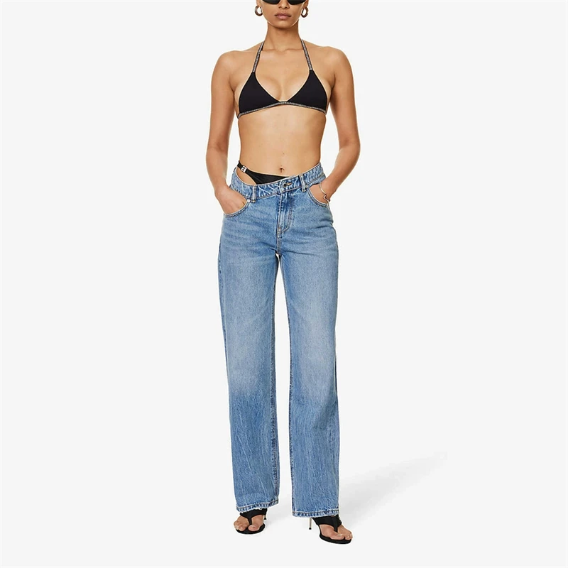 

Новые летние женские бикини с асимметричной скошенной талией, имитация двух частей, хлопковые джинсы y2k, модные прямые брюки в стиле ретро