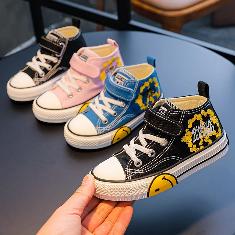 2022 Fashion Smile Printed Pink Canvas Sneakers Kids Boy High top Breathable Children's Canvas Shoes Gilr Platform Child Sneaker