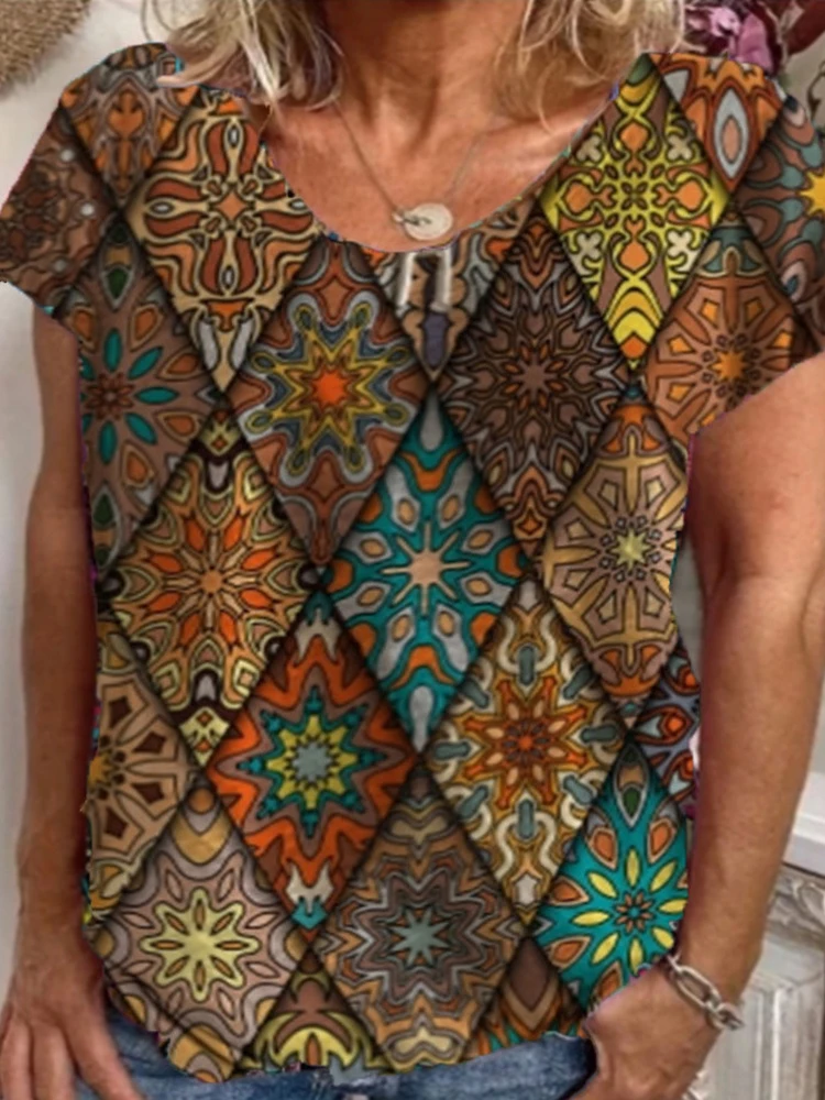 

Женская Свободная блузка с коротким рукавом, Повседневный пуловер с глубоким V-образным вырезом и винтажным принтом, уличная одежда, лето 2022