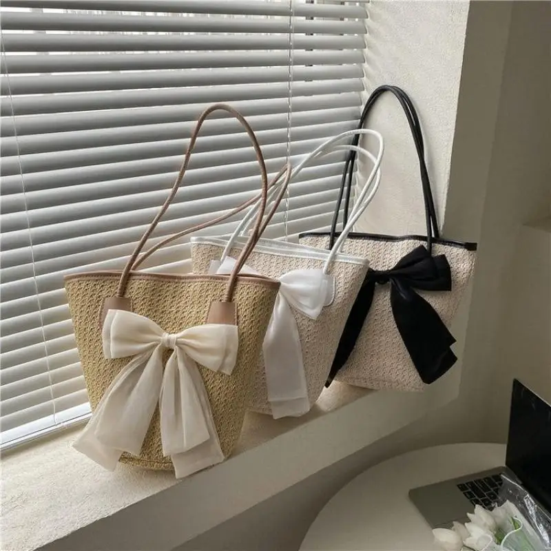 

Casual Big Bow Straw Bucket Bags Panelled Women Shoulder Bags Summer Beach Big Lady Handbags Holiday Sea Bali Female Purses 2023