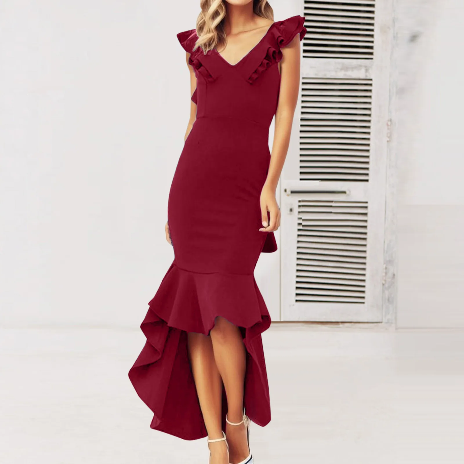 

Women Comfort DressSolid Color Open Back Elegance Sexy Off Shoulder Party Clubwear Night Ruffles Sleeveless V Neck Maxi Dress