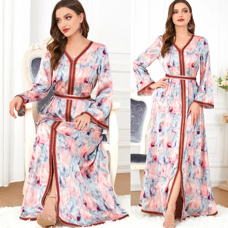 Turkey Muslin Women Abaya Dress Moroccan Woman Caftan Belted Split Hem Party Dresses Dubai Eid Ramadan Jubah Robe Vestiods 2022