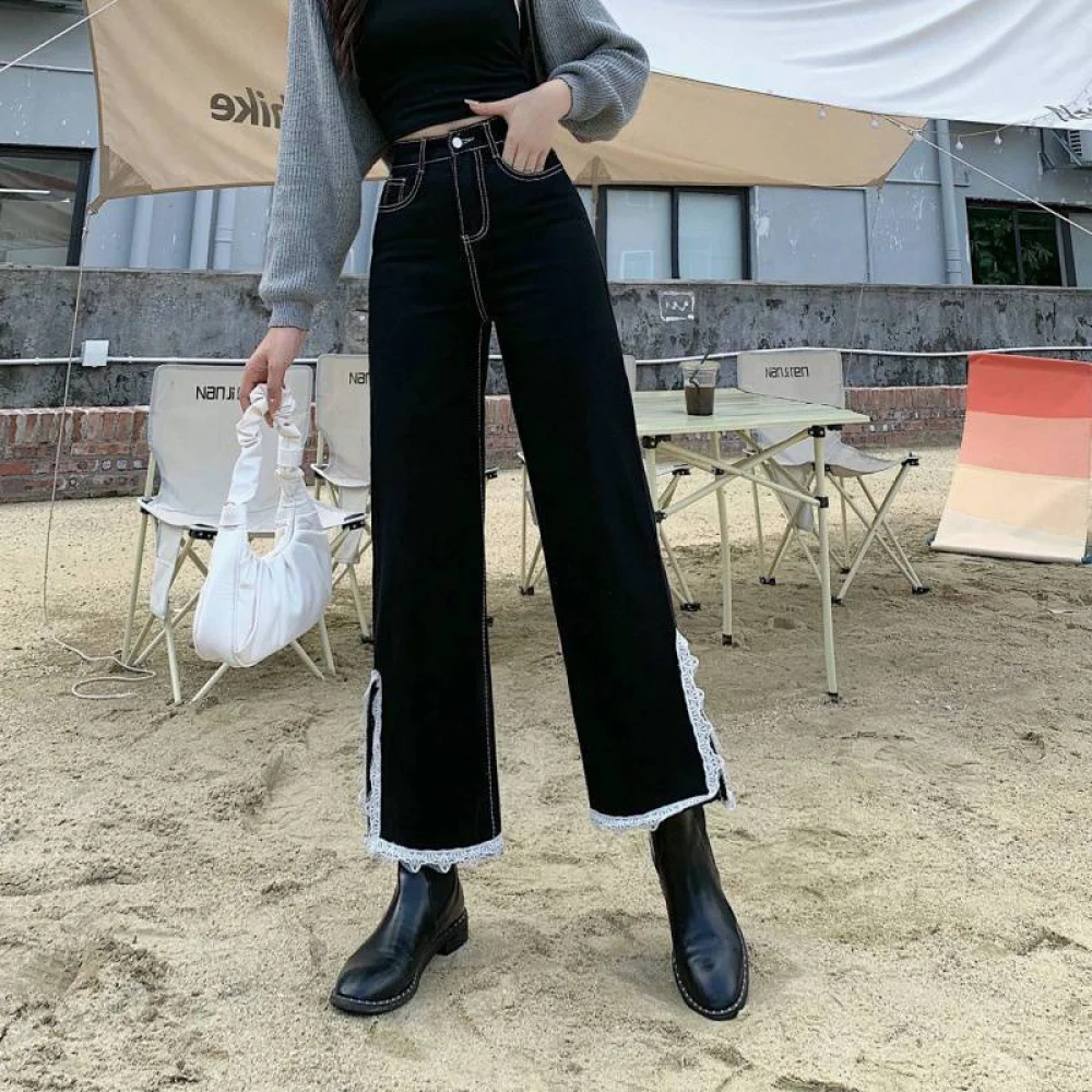 

2023Hot Jeans Lace Slit Jeans Korean Women Pants Vintage High Waist Oversize Wide Leg Trousers Ladies New Ins All-match Streetw