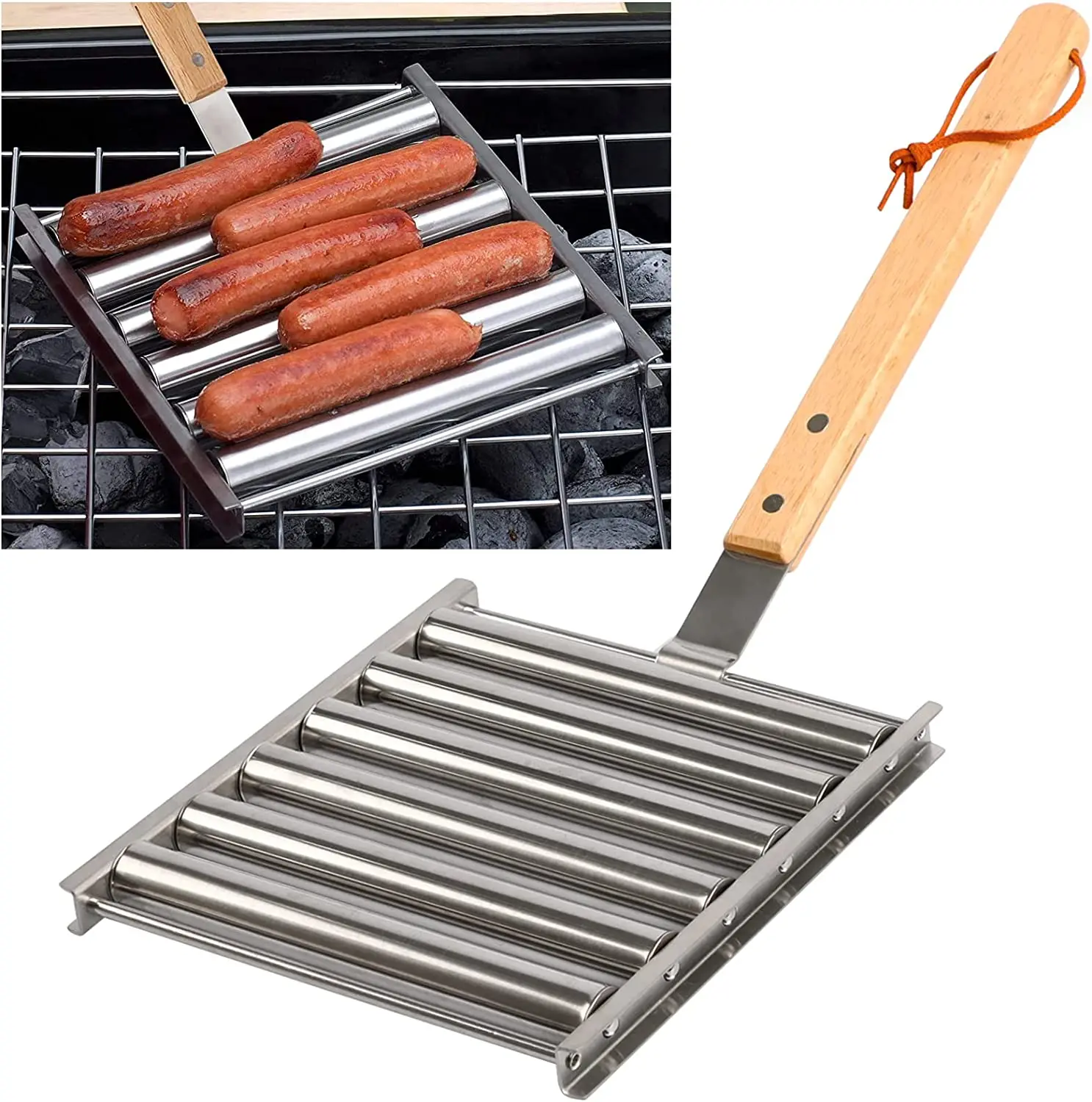 KAYCROWN Hot Dog Roller Stainless Steel Sausage Roller Rack with Extra Long Wood Handle, BBQ Hot Dog Griller for Evenly Cooked