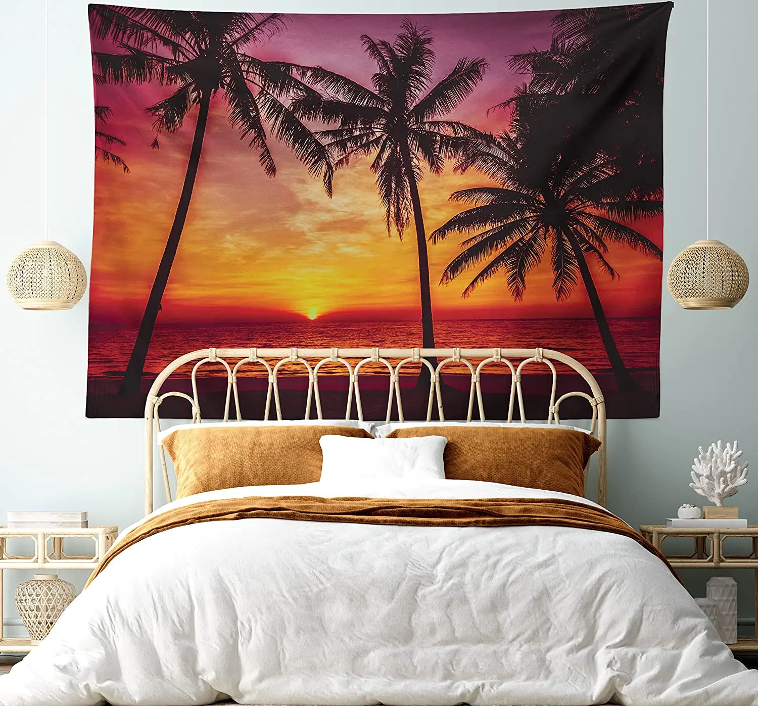 

Tropical Tapestry Sunset Tropical Beach with Palm Trees Peaceful Ocean Evening View Resort Wall Hanging for Bedroom Living Room