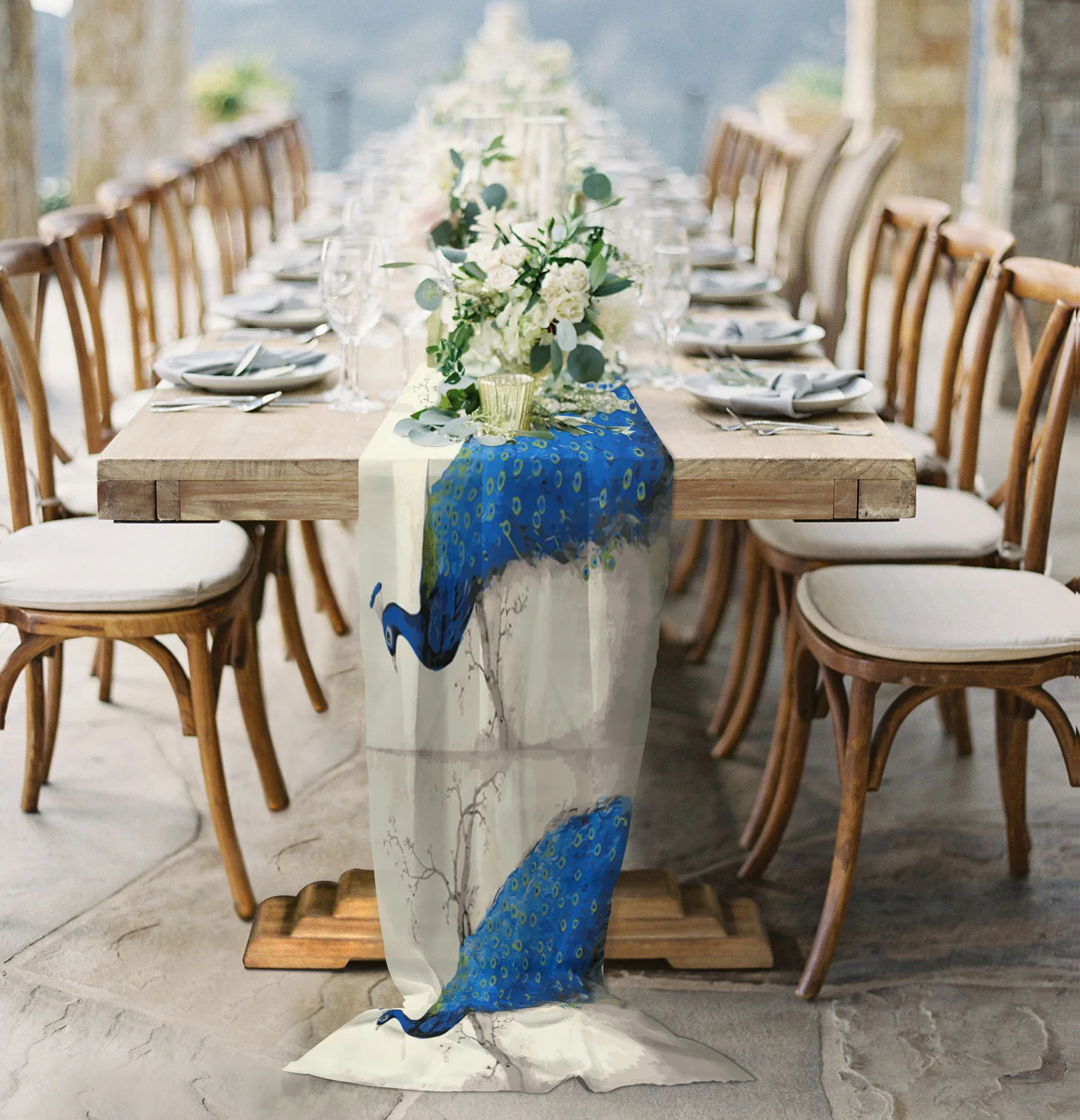 

Animal Blue Peacock Branch Chiffon Table Runner for Wedding Celebration Banquet Festival Party Backdrop Decor