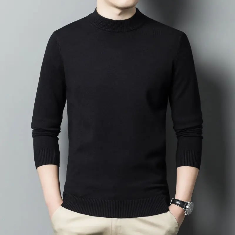 Men's Solid Color Half-high Collar Pullover Sweater Korean Version Slim Fit Plush Thickened Casual and Versatile Bottom Shirt