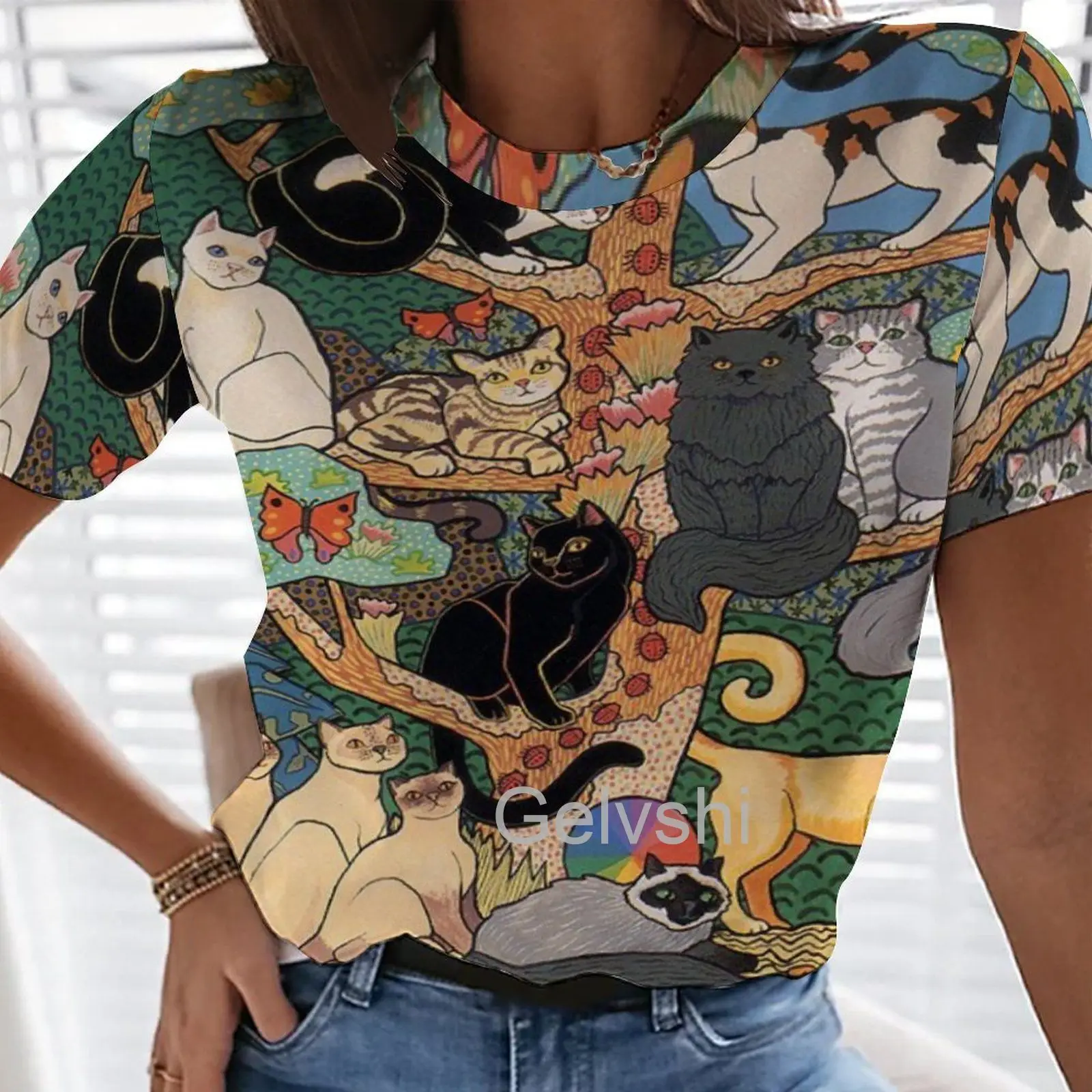 

New ​Harajuku Женская футболка Women Summer Short Sleeve Digital 3D Cat Print O-Neck Tops T Shirt Femme T-Shirts Mujer Camisetas