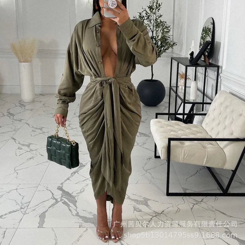 

Новинка 2023, женское Свободное длинное платье, однотонное платье с высокой талией и отложным воротником