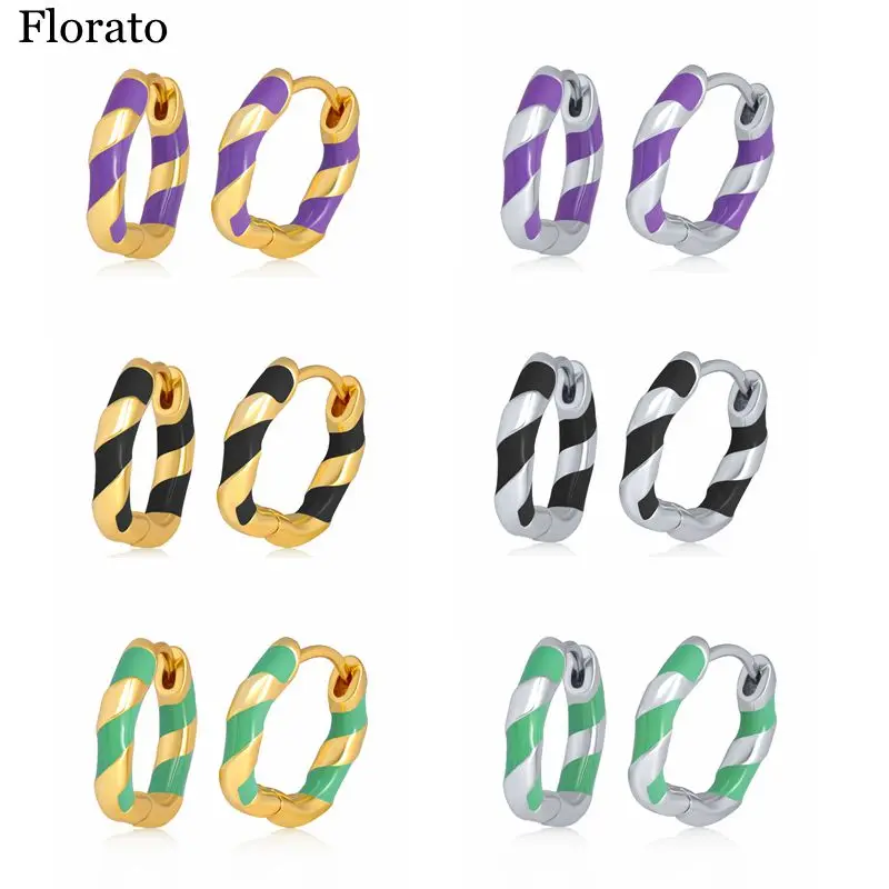

Florato 925 Sterling Silver Needle Punk Rock Colorful Spiral Enamel Hoop Earrings for Women 8.5mm Round Circle Piercing Earrings