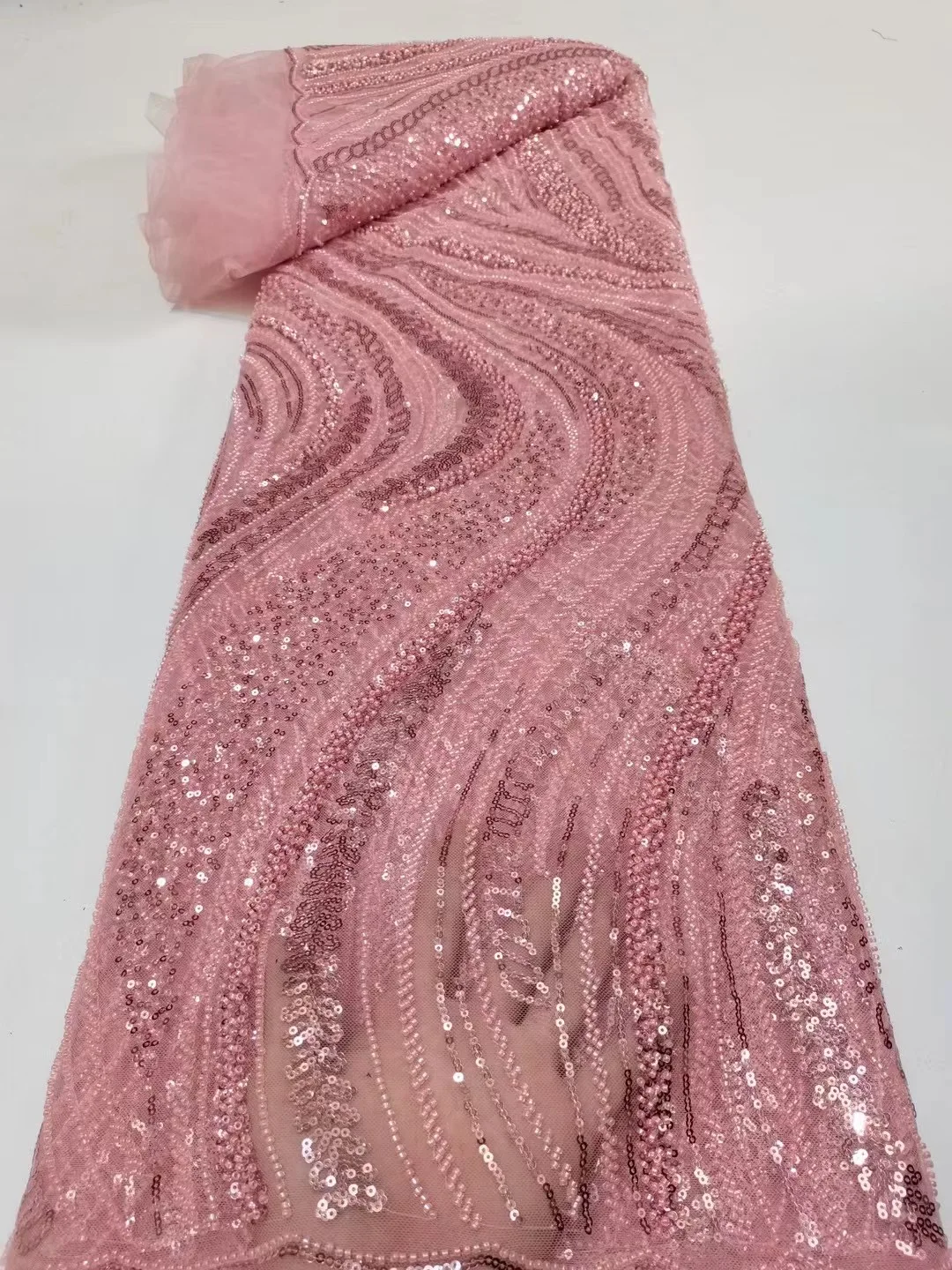 

Pink Luxury Handmade Beaded French Lace Tulle Fabric 2022 African High Quality Sequins Lace Most Popular Women Wedding Dress Sew
