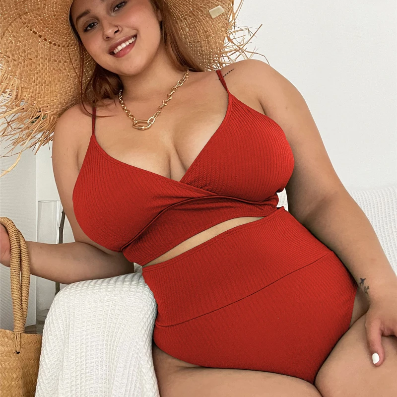 

Sexy Women's Plus Size Swimwear Women Ribbed Solid High Waist Swimsuit Large Size Bathing Suits 2 Pieces Set Bikinis Cc341