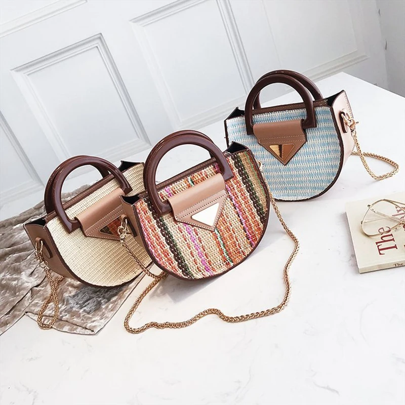 

Straw Bags For Women Small Half Moon Handbag Chain Shoulder Messenger Bag Crossbody Handbag Summer Beach Bag
