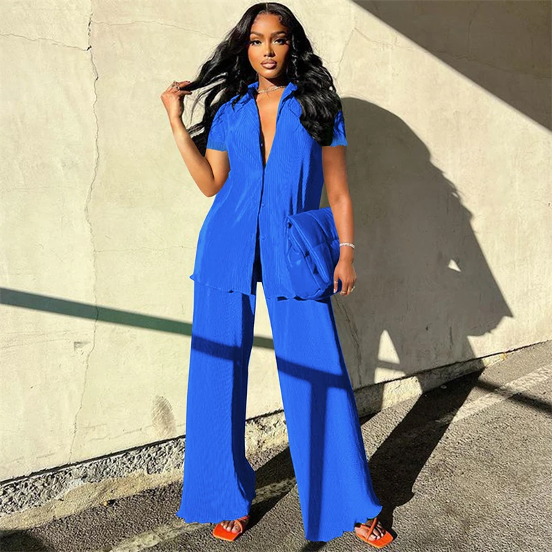 

Solid Pleated Two Piece Set Women Sexy Loose Casual Suit Short Sleeve Lapel Shirt Jacket Coat Wide Leg Pants Streetwear