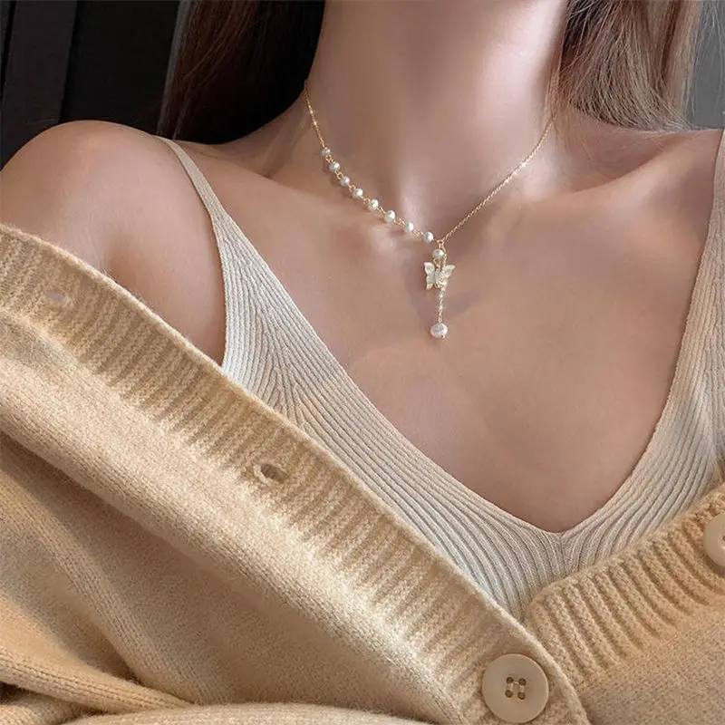 

Minar Classic White Color Shell Butterfly Pendant Necklace for Women Natural Freshwater Pearl Beads Chain Chokers Necklaces Gift