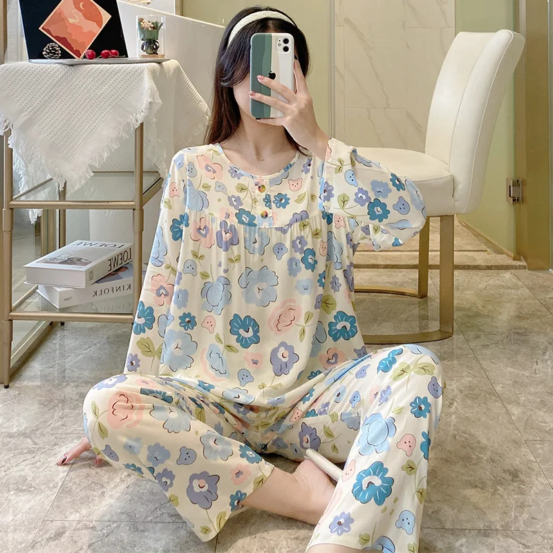 New Pajamas Women's Summer Thin Long-sleeved Trousers Cool Feeling Suit Comfortable and Breathable Loungewear with Round Neck