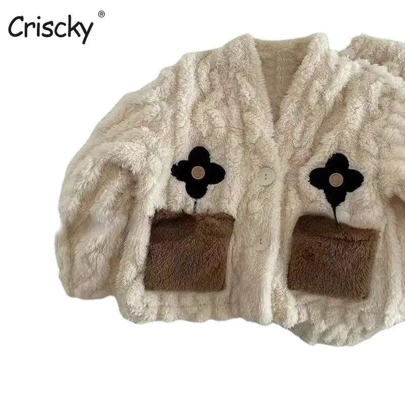 

Criscky New 2022 Kids Girls Autumn Winter Thick Warm Soft Flannel Pajama Sets floral Tops with Pants Sleeping Clothing Sets